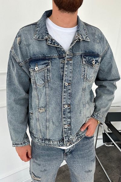 MADZEYMODA Cămașă pentru bărbați, cu potrivire confortabilă, cu detaliu rupt, blugi, blugi, KE-612