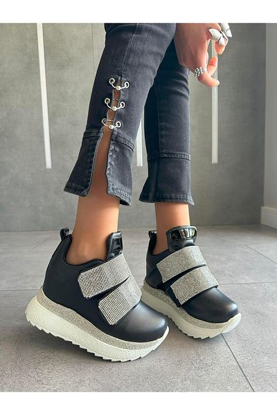 Modanizm Wendy Hidden Heeled Black Leather Sports Shoes