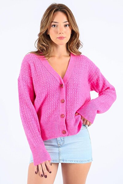 Seeh سترة نسائية محبوكة ناعمة باللون الفوشيا برقبة على شكل حرف V - سترة بأزرا...