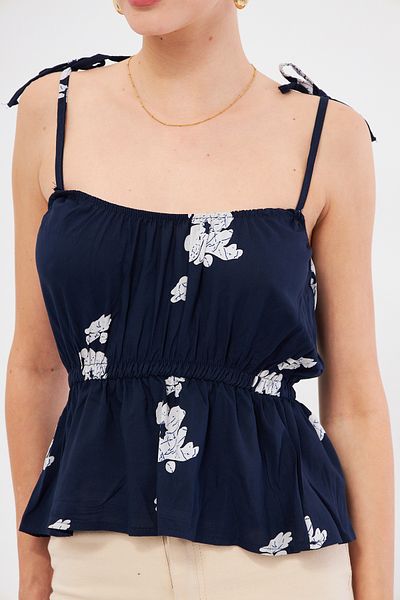 armonika Μπλε Navy Print - Στράπλες Crop Μπλούζα με ελαστική μέση με λεπτομέρεια γραβάτας ARM-24Y 001116