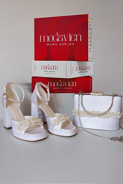Modavien Women's White 10 cm Bridal Shoes with Pearls