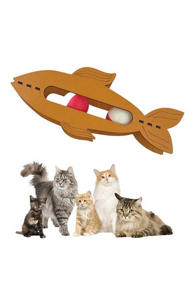 Mu Art Ahşap Wooden 2 Balls Sloping Cute Fish Shaped Training Toy for Cats (5175)