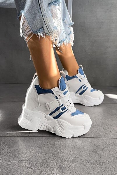 Modanizm Anisa White Blue Sneakers with Hidden Heels