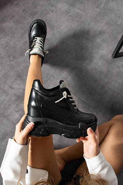 Modanizm Axel Gizli Topuklu Siyah Cilt Spor Ayakkabı