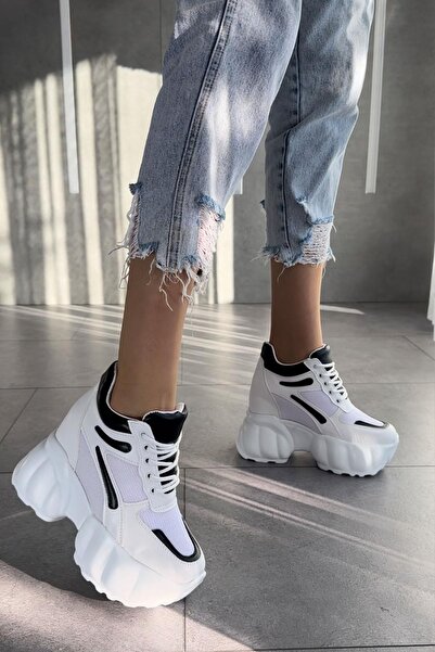 Modanizm Evanora White and Black Wedge Sneakers