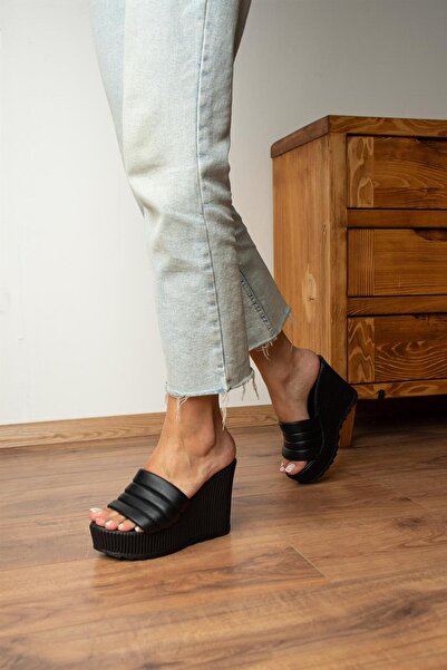Modanizm Black Mystic Wedge Heeled Slippers