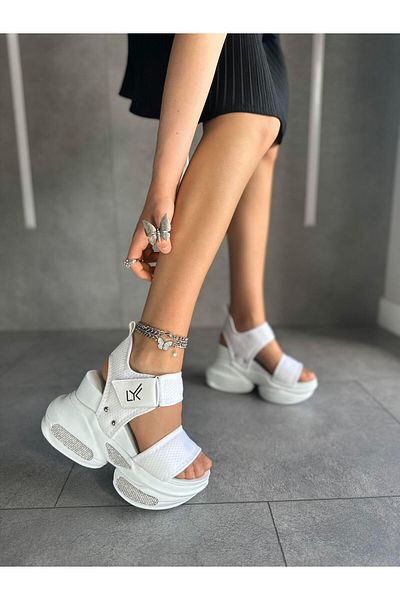 Modanizm Jamie White Jewelled Wedge Heeled Sports Sandals