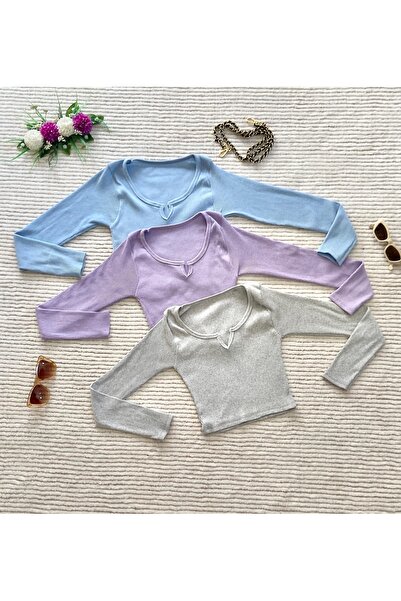 Lorya Giyim 3'Lü Paket %100 Pamuklu Fitilli Kaşkorse V Yaka Crop Basıc  Bluz