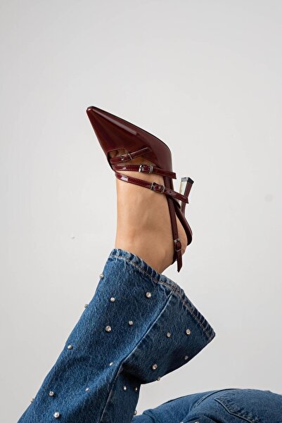 sovrana Three Belt Detailed Heeled Shoes Claret Red Patent Leather