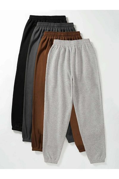 Know Pack of 4 Basic Plain Sweatpants Jogger - Black Smoked Brown Gray Elastic Leg High Waist