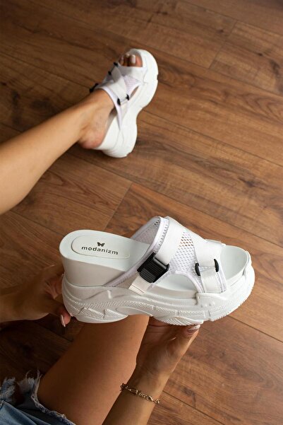 Modanizm Evans White Mesh Detailed Women's Slippers