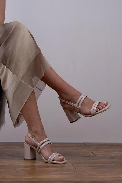 sovrana Multi-Strapped Thick Heeled Shoes Beige Patent Leather
