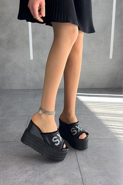 Modanizm Sxf Black Wedge Heeled Slippers