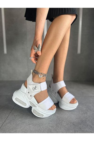 Modanizm Jamie White Jewelled Wedge Heeled Sports Sandals