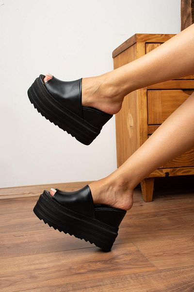Modanizm Black Ruin Wedge Heeled Slippers