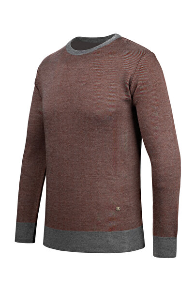 Çizgi Triko Чоловічий трикотажний светр у смужку - комір-стійка, рукави та пояс з візерунком, класичний крій, сталеве плетіння - 5015C