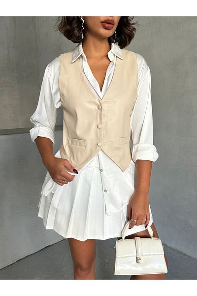 Miss Allos Women's Classic Cut Double Pocket Buttoned Leather Vest