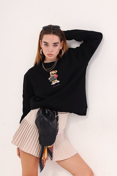 The Champ Clothing Черен унисекс суичър с щампа на плюшено мече с кръгло деколте