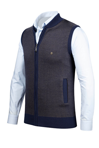 Çizgi Triko Чоловічий трикотажний жилет синього кольору на блискавці з кишенями, класичний крій - 5015J