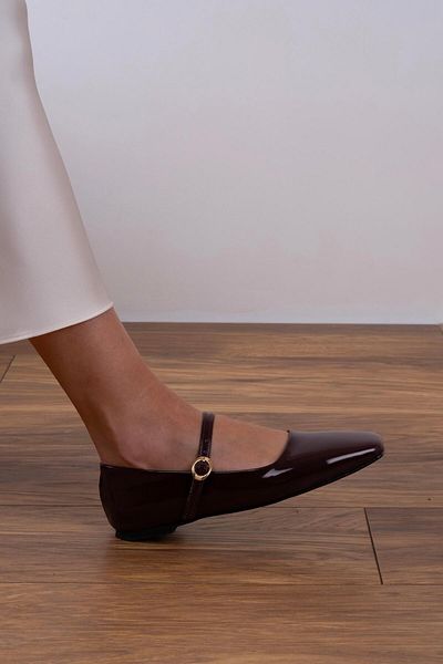 sovrana Belted Blunt Toe Ballerinas Claret Red Patent Leather