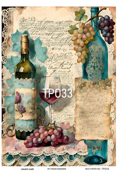 LİNEART Vintage üzüm şarap şişesi yazı deseni TPO Serisi Pirinc Dekopaj Kagıd...