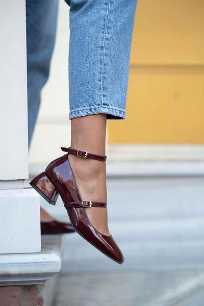 sovrana Short Heeled Blunt Toe Closed Back Belted Shoes Claret Red Patent Leather
