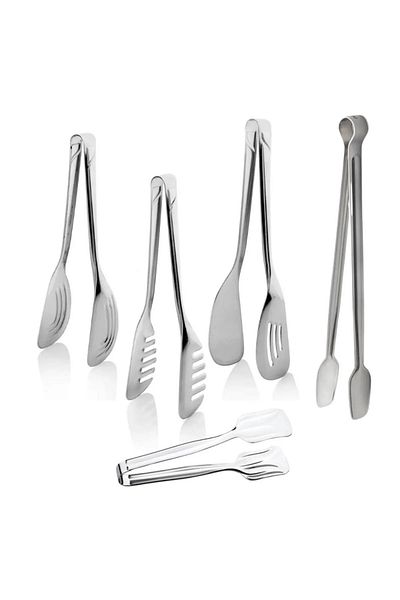 LUCKYHOMES 6 Pieces Economical Kitchen Prep Utensils Serving Tongs Set Bass Pull Beater Stainless Steel Tongs