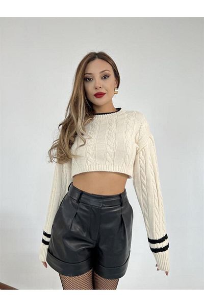 Cream 3925 Knitwear Hair Braid CROP Pullover CREAM BLACK