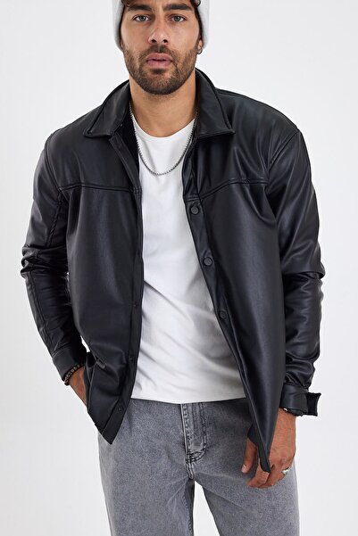 MADZEYMODA New Season Men's Black Leather Shirt with Fleece Inside Mz58536