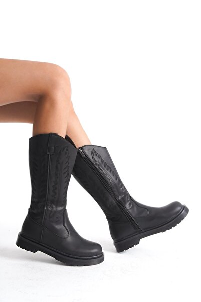 Bak Store Dar Kalip Black Leather Skin Black Embroidered Zippered Western Cowboy Women's Boots with Stitched Soles