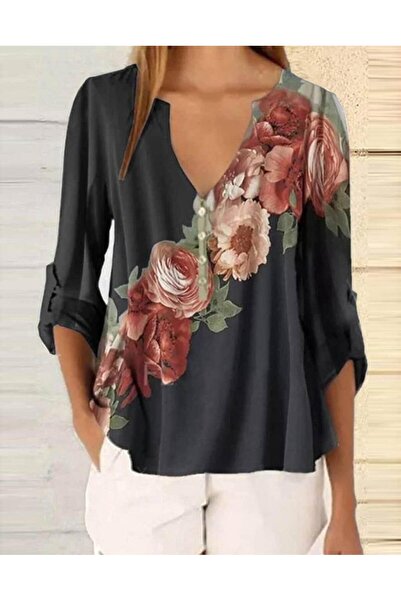 Modayakamoz Γυναικεία υφασμάτινη μπλούζα με λαιμόκοψη V, ροζ μοτίβο