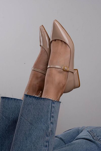 sovrana Belted Pointed Toe Ballerinas Tan Patent Leather