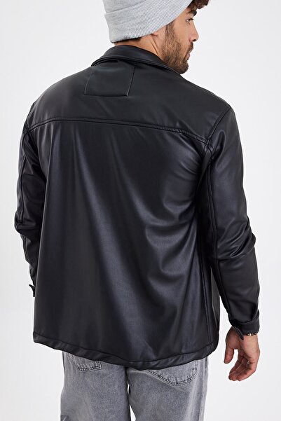 MADZEYMODA New Season Men's Black Leather Shirt with Fleece Inside Mz58536