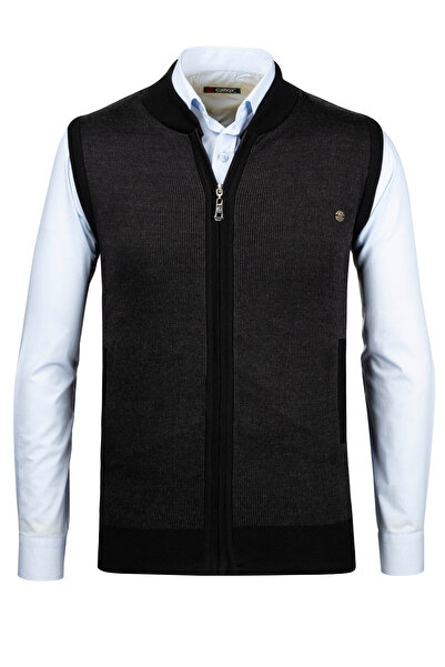 Çizgi Triko Stripe Knitwear Men's Knitwear Vest with Zipper Pocket Steel Knitwear Classic Fit - 5015J