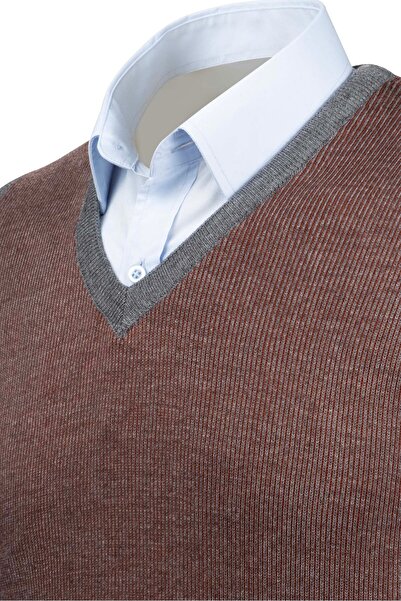 Çizgi Triko Men's V-Neck Striped Knitwear Sweater - Colorful Patterned Winter Steel Knit Classic Fit - 5015H