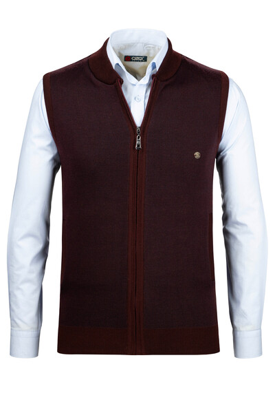 Çizgi Triko Ανδρικό πλεκτό μπορντό γιλέκο με τσέπες με φερμουάρ Ατσάλινο πλεκτό πλεκτό κλασικό κορμάκι - 5015J