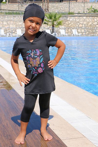 Eslina 1709-1 Printed Black Kids Pool Swimsuit - Short Sleeve