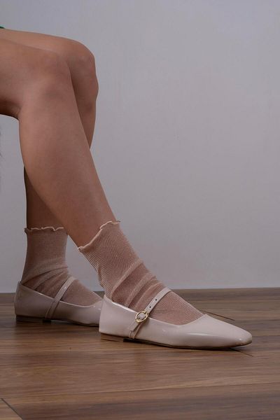 sovrana Belted Blunt Toe Ballerinas Beige Patent Leather