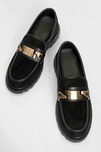 LuviShoes PRAY Damen-Loafer-Schuhe aus schwarzem Wildleder mit Schnalle