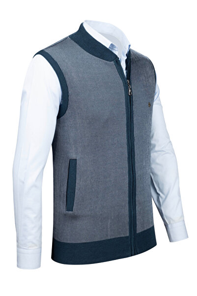 Çizgi Triko Чоловічий трикотажний жилет з кишенями на блискавці, сталевий трикотаж, класичний крій - 5015J