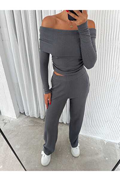 alenmoda Madonna Collar Knitted Bottom Top Pants Set