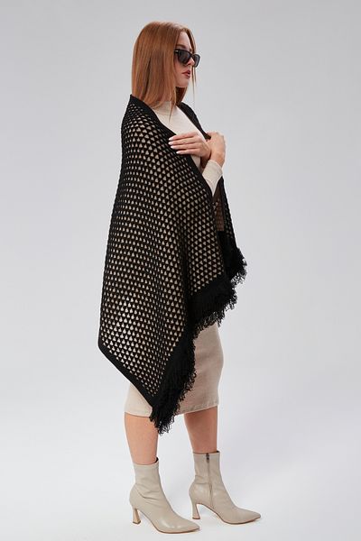 panşalço Honeycomb Pattern Tassel Shoulder Wrap, Black-Brown, Knitwear Shawl, Knitwear Shoulder Wrap, Shawl, Women, Teen, Mommy Shawl