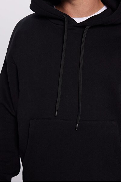 Tudors Unisex Oversize Geniş Kesim Pamuklu Yumuşak Dokulu Içi Polarlı Basic Siyah Kapüşonlu Sweatshirt