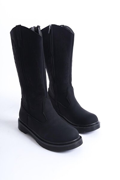 Bak Store Dar Kalip Black Matte Black Embroidered Zippered Western Cowboy Women's Boots with Stitched Soles