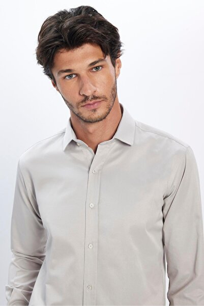 Tudors Erkek Modern Fit Dar Kesim Pamuklu Düz Saten Gri Gömlek