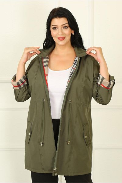 By Alba Collection Γυναικεία καμπαρντίνα Plus Size - Χακί Καρό Λεπτομέρεια