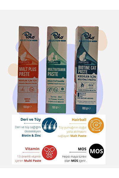 BİKOŞU MAMA Kedi Malt Paste 100 Gr + Multi Vitamin Paste 100 Gr + Biotin Past...