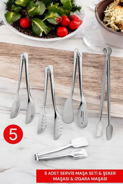 LUCKYHOMES Stainless Steel Luxury 5-Piece Tongs Serving Set Pastry, Salad, Pasta, Grill, Sugar Bowl Tongs Serving Set