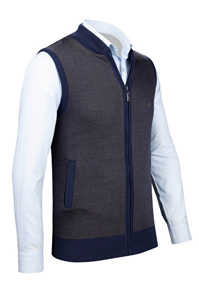 Çizgi Triko Чоловічий трикотажний жилет синього кольору на блискавці з кишенями, класичний крій - 5015J