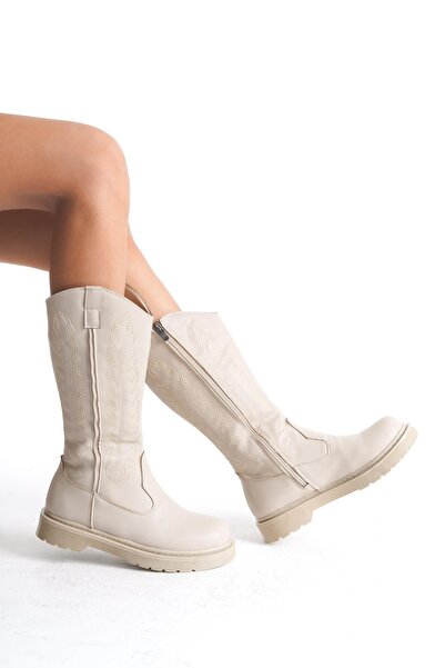 Bak Store Dar Kalip Beige Leather Embroidered Zippered Western Cowboy Women's Boots with Stitched Soles